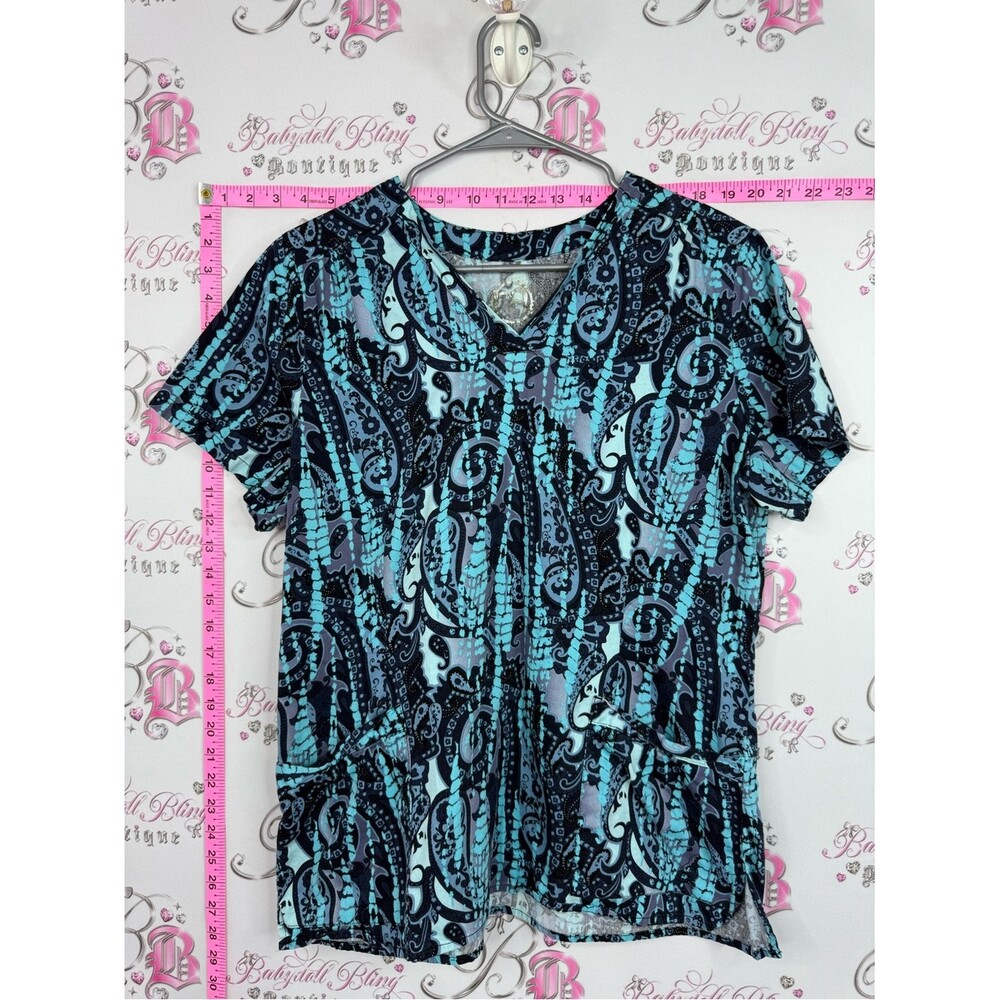 Health pro Scrub top Women’s Teal and Black Printed Short Sleeve Top cotton